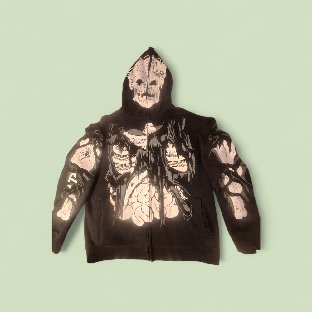 Six Flags vintage zombie Graphic Black Full Zip Hoodie Fleece Halloween Mens L
